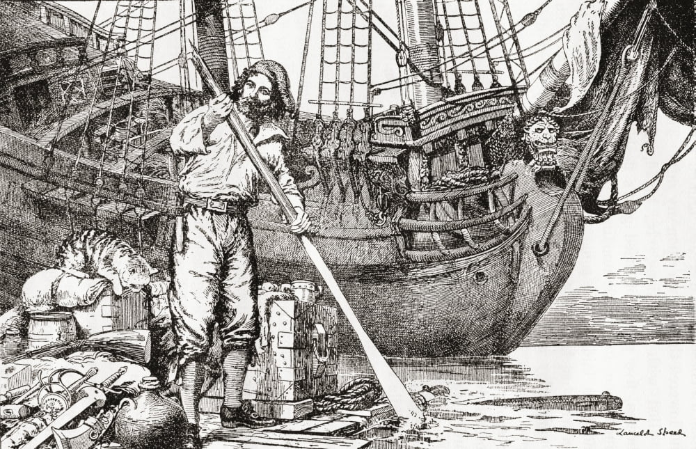 Robinson Crusoe rowing to safety on a raft after being shipwrecked From Adventures of Robinson Crusoe published 1908 Canvas Art - Ken Welsh Design Pics (34 x 22)
