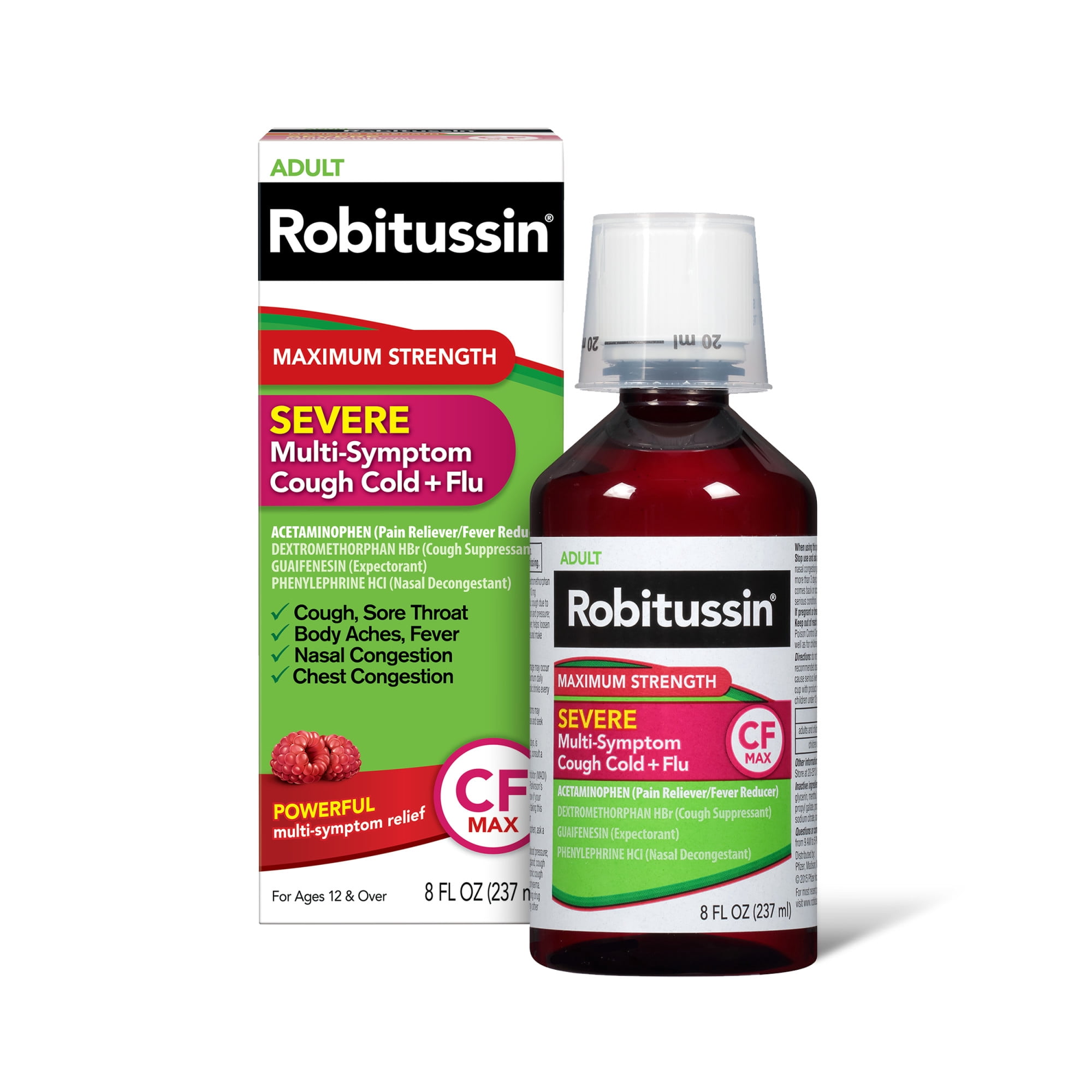 Robitussin Adult CF Max Severe Multi-Symptom Cough, Cold, and Flu Relief Medicine, Raspberry, 8 Fl Oz.