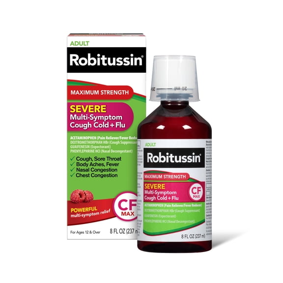 Robitussin Adult CF Max Severe Multi-Symptom Cough, Cold, and Flu Relief Medicine, Raspberry, 8 Fl Oz.