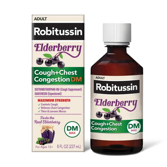Robitussin Adult Maximum Strength Cough and Cold Medicine Syrup, Elderberry, 8 Fl Oz