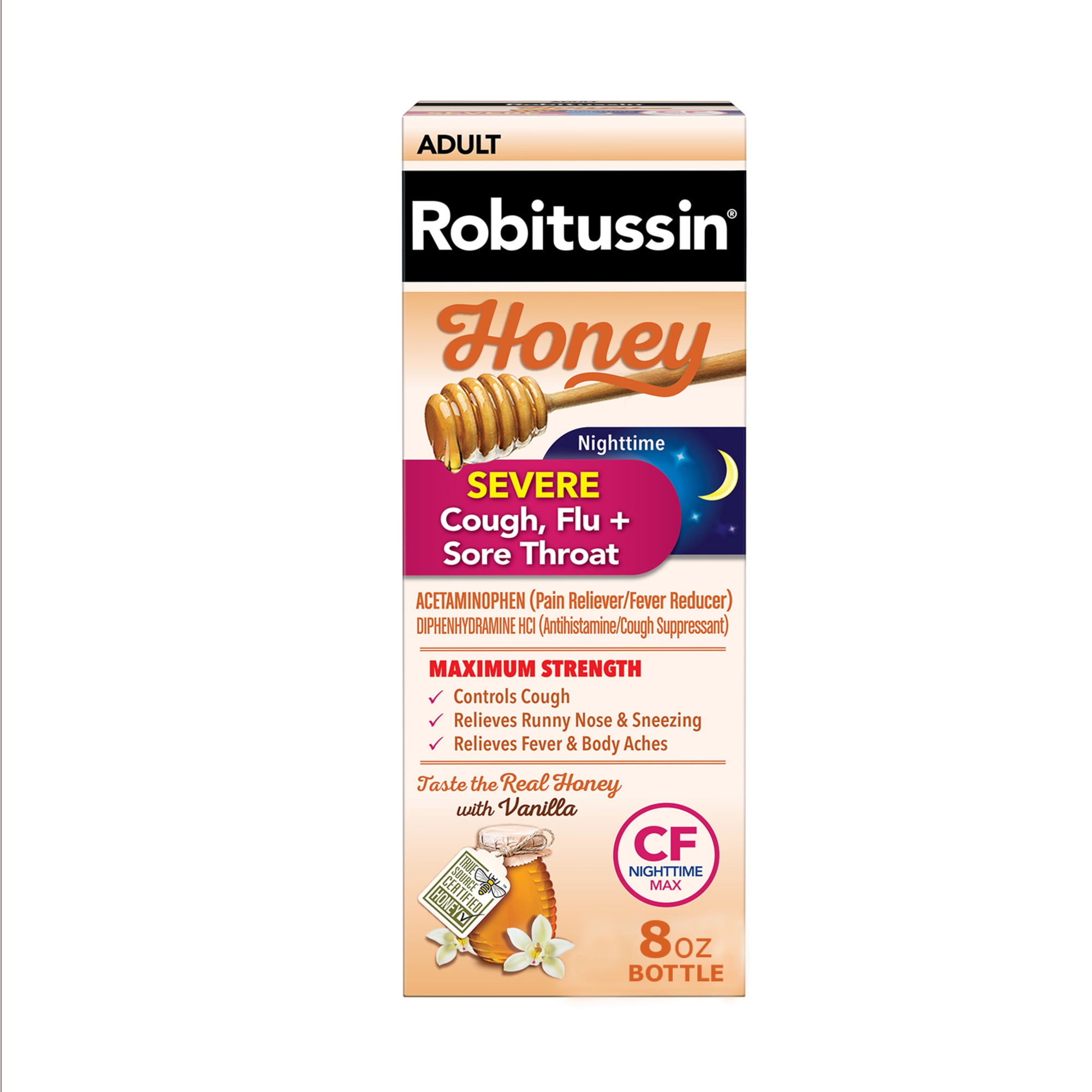 Robitussin Honey CF Max Nighttime - Severe Cough, Flu, Sore Throat - Adult Formula, 8 Fl Oz