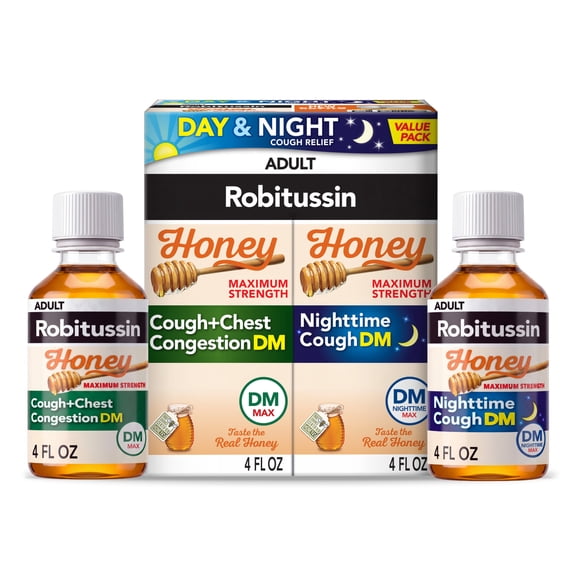 Robitussin Max Strength Cough Congestion DM and Cold Medicine for Nighttime Relief, Honey, 4 Fl Oz, 2 Pack