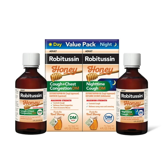 Robitussin Max Strength Cough Congestion DM and Cold Medicine, Honey Syrup, 4 Fl Oz, 2 Pack
