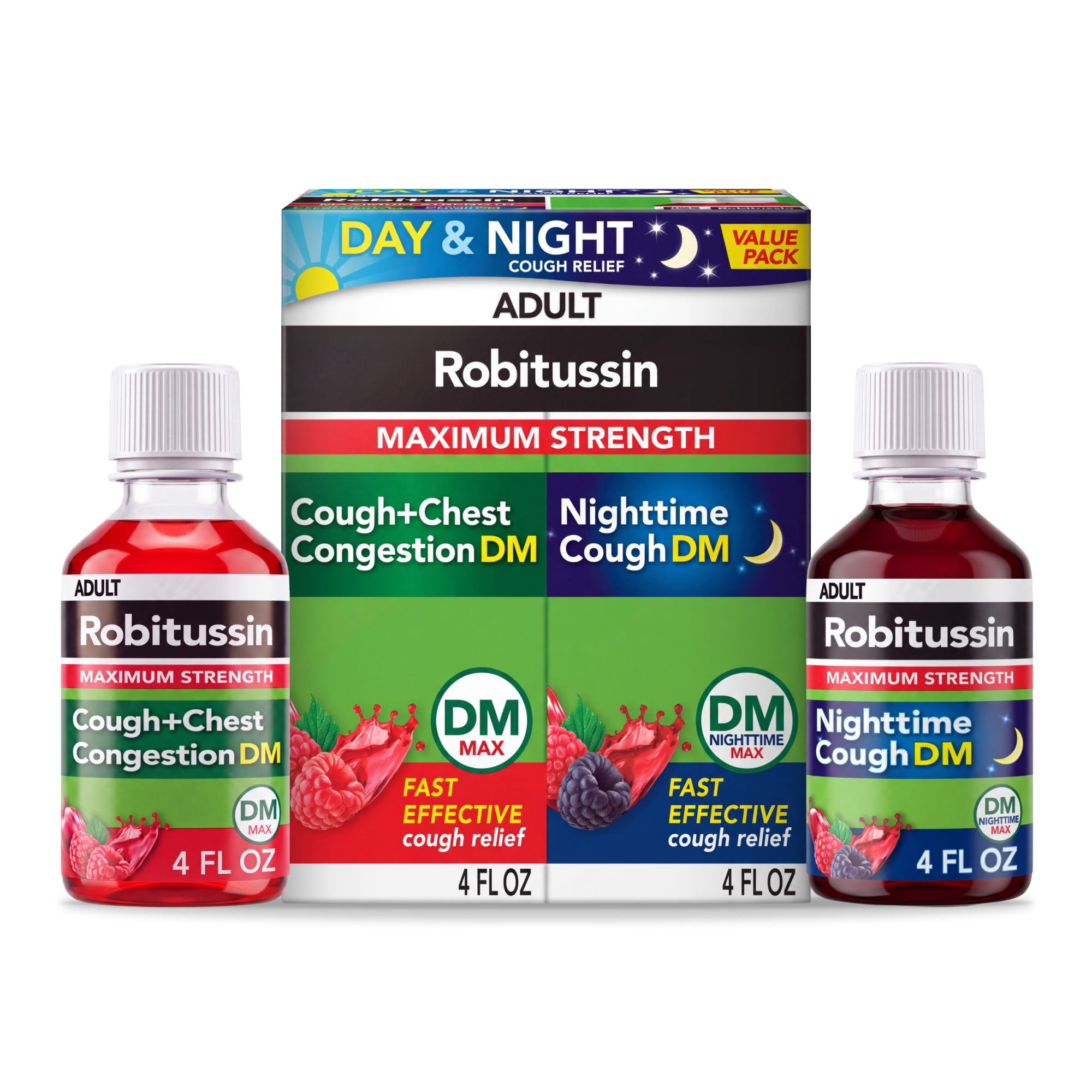 Robitussin Maximum Strength Cough + Chest Congestion DM and Maximum Strength Nighttime Cough Dm, Cough Medicine, Berry Flavor - 4 Fl Oz Bottles (Pack of 2)