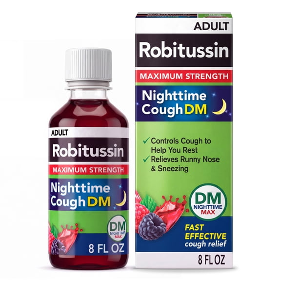 Robitussin Maximum Strength Nighttime Cough DM Max, Adult Formula, Berry Flavor Syrup 8 Fl Oz Bottle