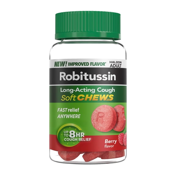 Robitussin Soft Chews, Long-Acting Cough Relief Cold Medicine, Berry Flavor, 20Ct Chewable Tablets