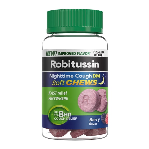 Robitussin Soft Chews, Nighttime Cough DM Cold Medicine, Berry Flavor, 20Ct Chewable Tablets