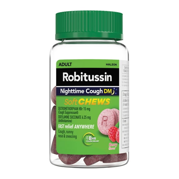 Robitussin Soft Chews, Nighttime Cough DM Cold Medicine, Berry Flavor, 20Ct Chewable Tablets