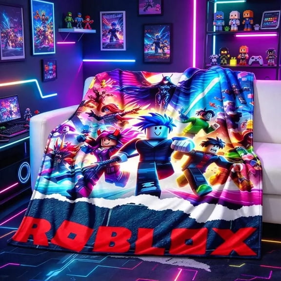 Roblox Blocky Character Sherpa Blanket, Colorful Gaming Throw, Cozy Bedroom Sofa Accent, Gamer Gift