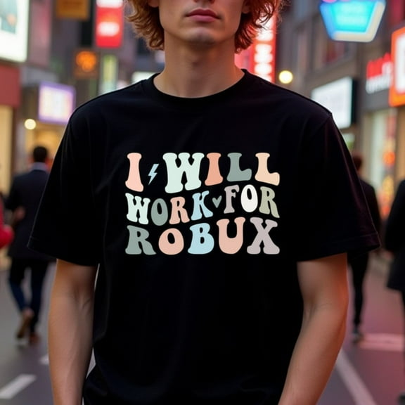 Roblox Enthusiast'S Pride | 'I Will Work for Robux' Graphic Tee - 100% Cotton, Crew Neck, Regular Fit, Casual Wear for Women & Men, Perfect for Thanksgiving & Christmas, Festive Clothing | Crew Neck