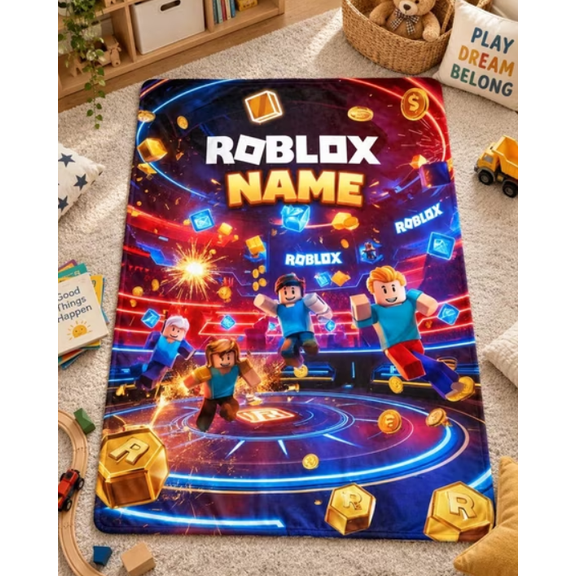 Roblox Game Blanket, Custom Name Flannel Fleece Throw, Gamer Room Decor for Kids