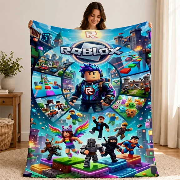 Roblox Game Characters Collage Flannel Throw Blanket, Cartoon Print Blanket, Soft Warm Blanket for Gamers, Birthday Gift for Kids, Boy Girl Roblox Fans