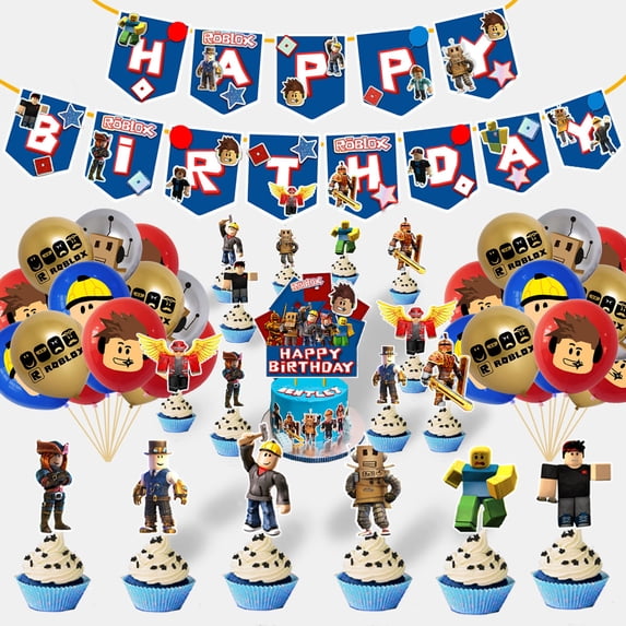 Roblox birthday party decoration set, equipped with Happy Birthday banners, latex balloons, Cake topper/Supercake topper supplies