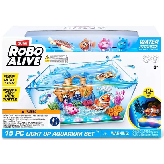 Robo Alive Light Up Aquarium Set 15-Piece Playset (Includes 3 Fish, 1 Turtle)