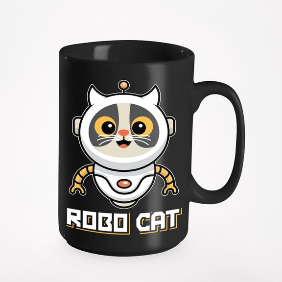 Robo Cat, Robot Kitty, Black 15oz Ceramic Mug