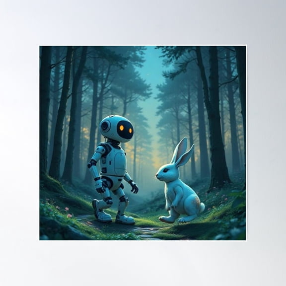 Robot And Cute Bunny Poster Wall Art, Modern Wall Decor, 30x30 UNFRAMED
