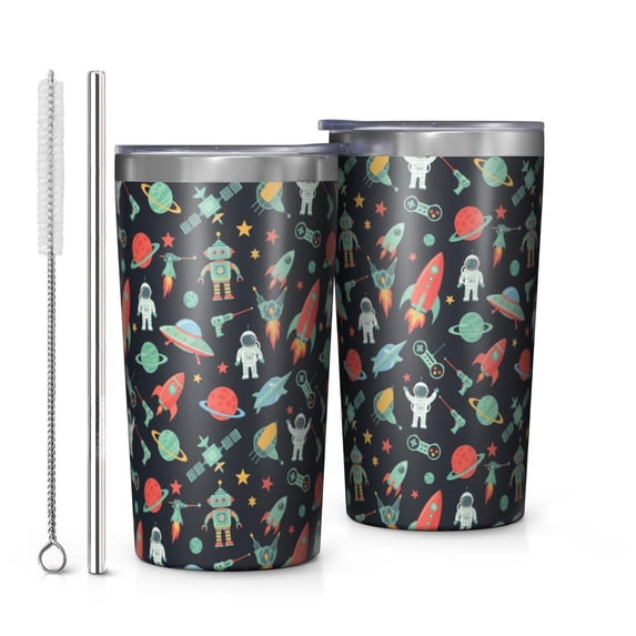 Robot and Astronauts Black Pattern Car Tumbler 1 Pack, Vacuum Insulated ...