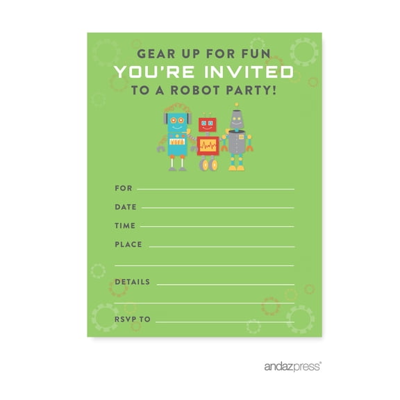 Koyal Wholesale Robot Birthday Paper Invitations, Blank Cards with Envelopes, 20-Pack