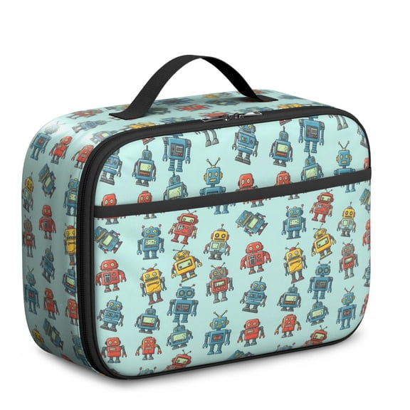 Robot and Blasters Blue Pattern Insulated Lunch Bag Teens,Bento School Lunch Bag for Teens for Work,Picnic or Travel 10.6x7.7x4.3 Inches,12 Can Capacity