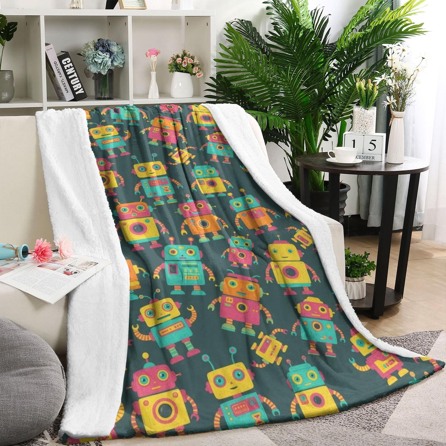 Robot and Blocks Green Pattern Sherpa Fleece Throw Blanket,Soft Plush ...