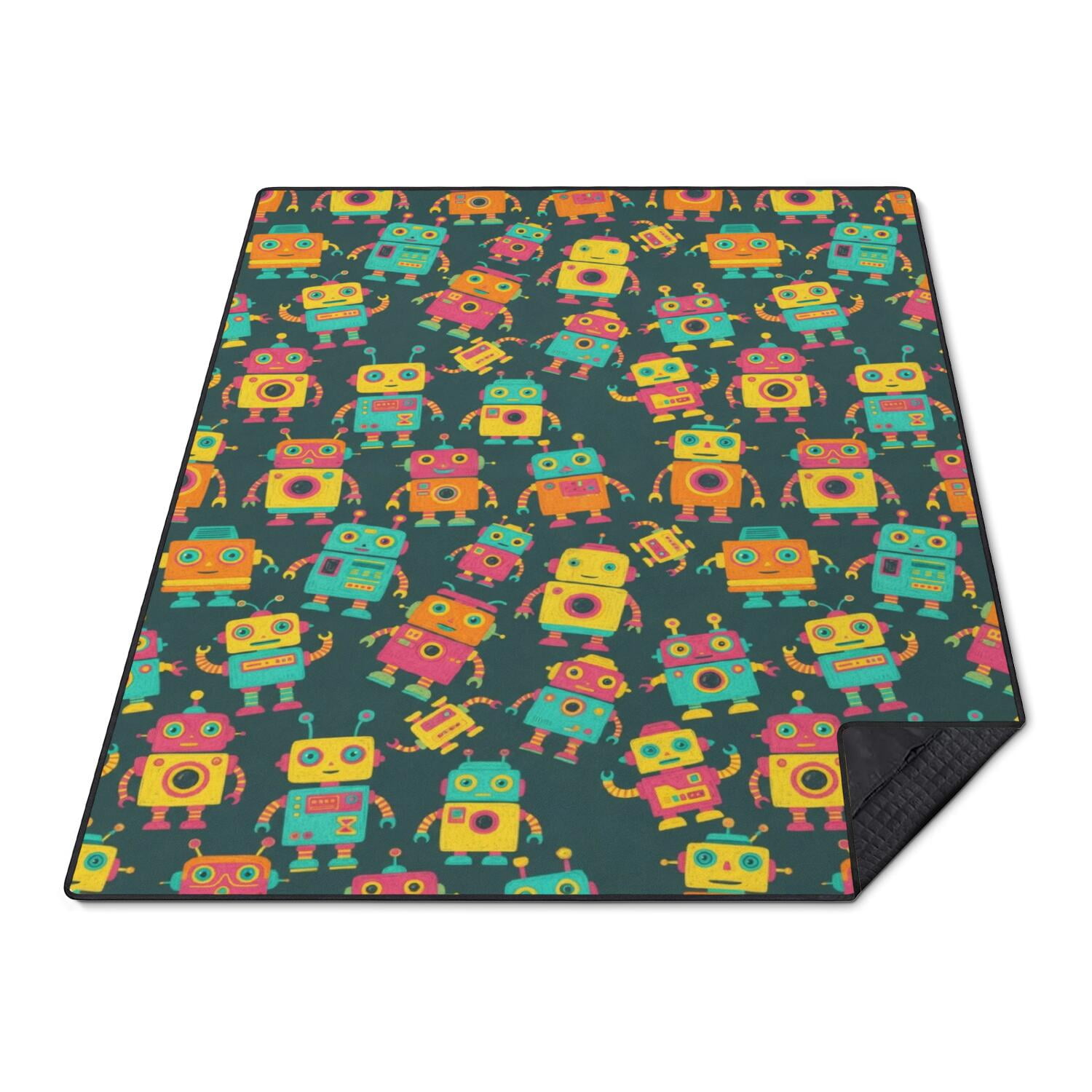 Robot and Blocks Green Pattern Waterproof Picnic Blanket, 3-Layer ...