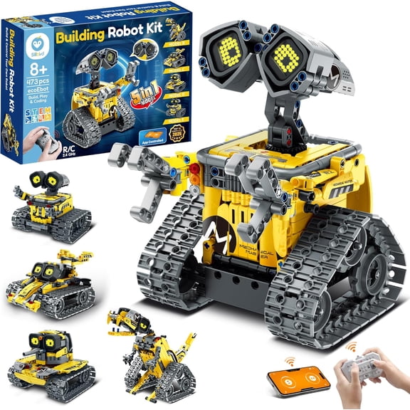 Robot Building Kit with Remote Control, 473-Piece 5-in-1 Buildable STEM Coding Robotics Set, Creative Birthday & Holiday Gift