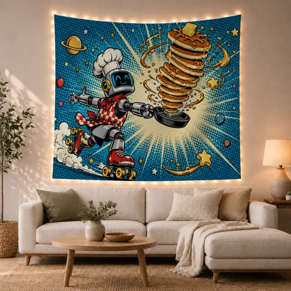 Robot Chef Flipping Pancakes Among Planets, Energetic Retro Art for Food Lovers, Space Kitchen Decor, Housewarming Gift, Tapestry Wall Hanging for Studio, Gaming Room and Dorm