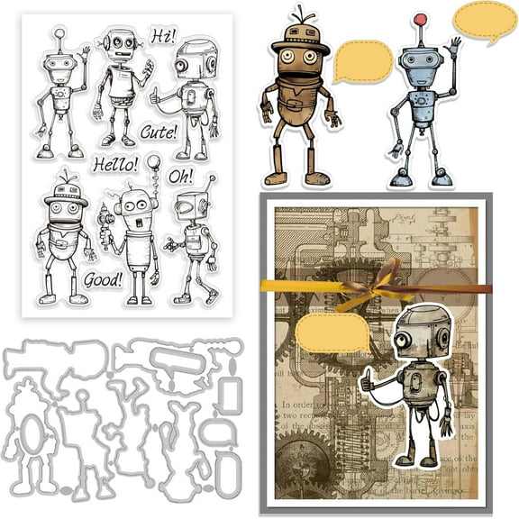 Robot Clear Stamp Robot Frame Cutting Dies Set Daily Text Silicone Clear Stamps Metal Box Die Cuts for Card Making and DIY Embossing Scrapbooking Craft Decor