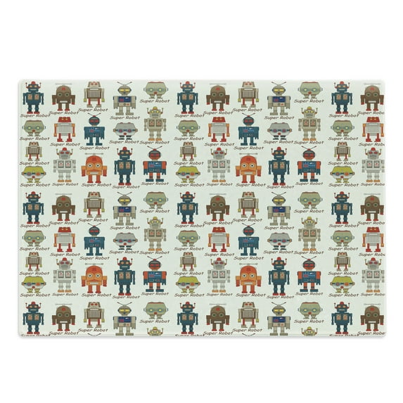 Robot Cutting Board, Various Different Super Robot Set in Cartoon Style Fantasy Futuristic Machine, Decorative Tempered Glass Cutting and Serving Board, Large Size, Multicolor, by Ambesonne