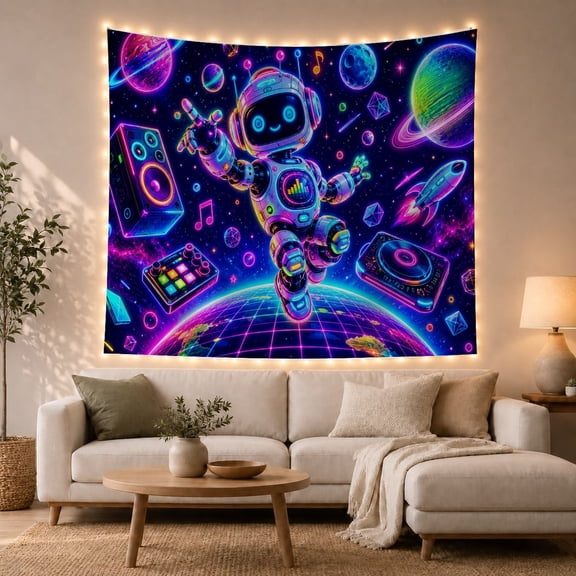 Robot DJ in Space with Synthwave Stars and Neon Grid, Energetic Digital Art for Sci-Fi Fans, Futuristic Music Decor, Birthday Gift Tapestry Wall Hanging for Bedroom and Living Room