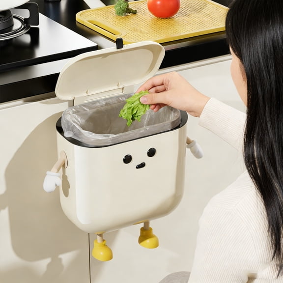 Robot Design Hanging Kitchen Compost Bin with Lid | 9L Space Saving Wall Mounted Trash Can For Cabinet Door | Odor-Free Plastic Garbage Container For Under Sink Or Bathroom