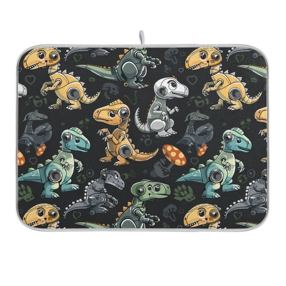Robot Dinosaur Dish Drying Mat 16x18 Absorbent Microfiber Draining Rack Pad for Kitchen Counter Sink