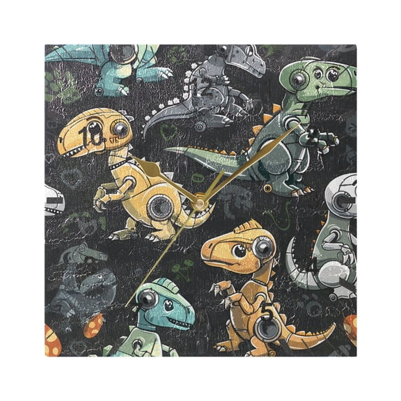 Robot Dinosaur Wall Clock Battery Operated Silent Non-Ticking Bedroom Office Kitchen Home School Decor 7.8"(Gold)