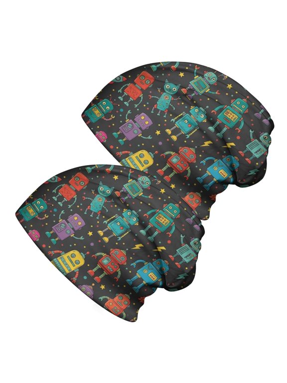 Robot and Dogs Black Pattern 2 Pack Slouchy Beanie Hat, Warm Winter Skull Cap with Stretchy Fabric & Soft Texture, Heat Retaining Gifts for Unisex Men Women