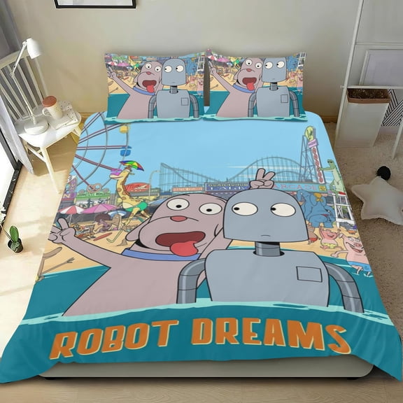 Robot Dreams Themed Bed Sheet Set Three Piece Set 53x79 Inches Comfortable And Skin Friendly Unique Design Creating A Star Studded Night Home Decor Gifts For Family Friends fans