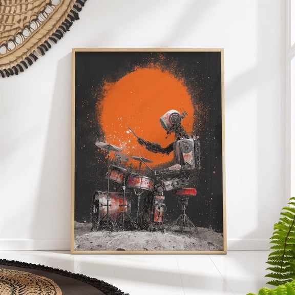 Robot Drummer Mid Century Sci-Fi Music Room Wall Art, Unframed Paper Poster 16x20in