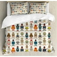 thumbnail image 1 of Robot Duvet Cover Set, Various Different Super Robot Set in Cartoon Style Fantasy Futuristic Machine, Decorative 3 Piece Bedding Set with 2 Pillow Shams, Queen Size, Dim Cream, by Ambesonne, 1 of 3