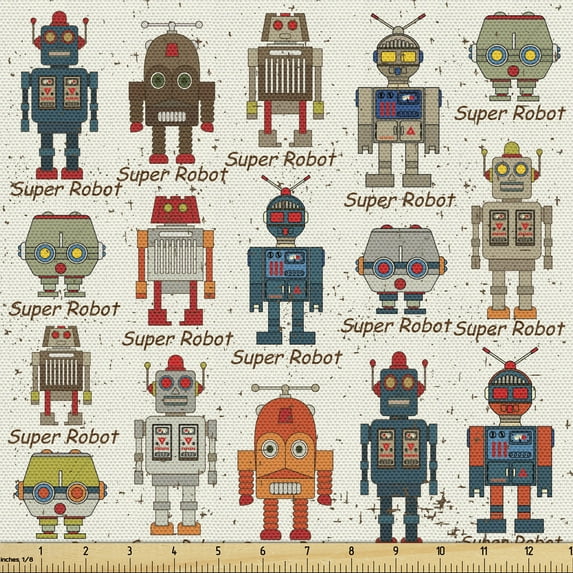 Ambesonne Robot Fabric by the Yard Upholstery, Super Robot, 3 Yards, Multicolor