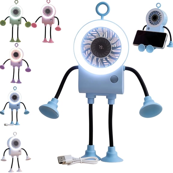Robot Fan with Flexible Arms, Portable Desk Fan with 5 Speeds, Smart Digital Display & LED Night Light, USB-C Rechargeable Foldable Personal Fan, Suction Cup Feet & Phone Holder for Office (Blue)