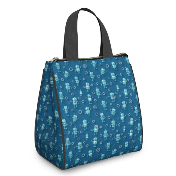 Robot and Gears Blue Pattern Insulated Lunch Bag for Women Men, Large Portable Soft Cooler Tote, Thermal Food Storage Bag with Pearl Cotton, 8.66L, 8.75"x5.75"x9.5"