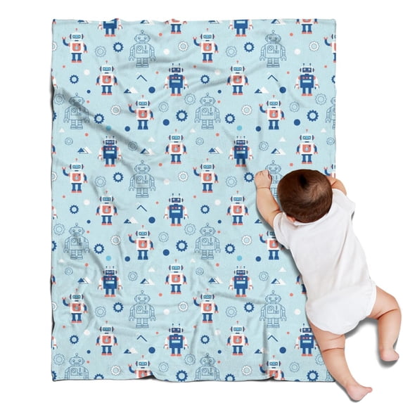 Robot and Gears Blue Pattern Sherpa Fleece Throw Blanket,Soft Plush ...