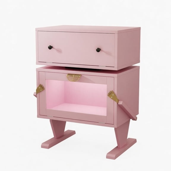 Robot LED Nightstand with 360° Rotating Drawer, 20.7" Wide Modern End Table with RGB Lights Remote Control, Large Storage Cabinet for Bedroom Nursery – Pink