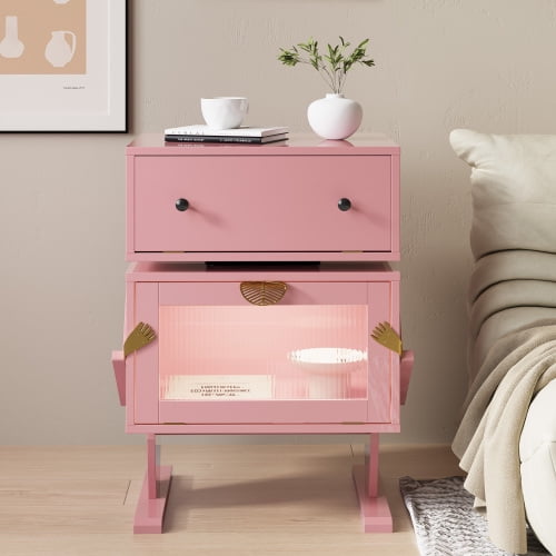 Robot LED Nightstand with 360 Rotating Drawer, Modern Bedside Table with Glass Door Storage, Pink