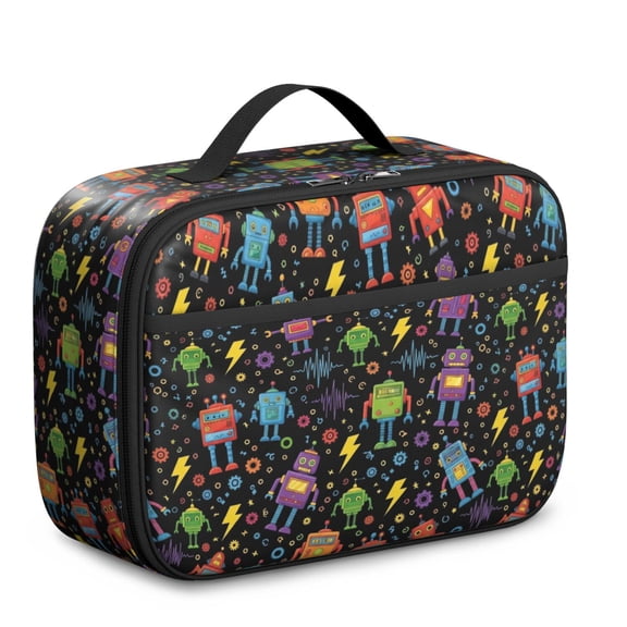 Robot and Lightning Black Pattern Insulated Lunch Bag, Portable Lunch Carrier with Front Pocket & Carry Handle, Waterproof Oxford Gifts for Birthday Christmas Thanksgiving