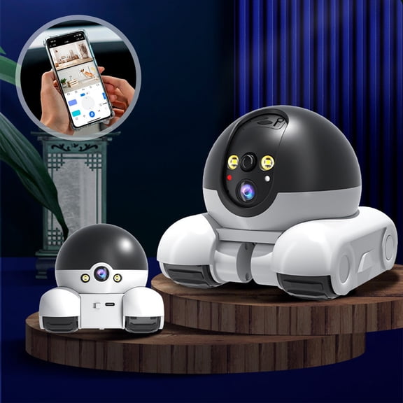 Robot Monitoring Camera, Remote Control Mobile Vehicle, 360 Degree Double Lens Security Device, Moves Wirelessly and Enables Two-Way Dialogue for Home Surveillance, Pet Watching, and Remote Check-In.