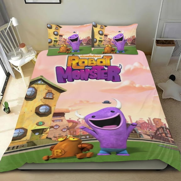 Robot Monster Themed Bed Sheet Set Three Piece Set 53x79 Inches Comfortable And Skin Friendly Unique Design Creating A Star Studded Night Home Decor Gifts For Family Friends fans