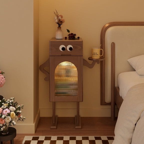 KASLANDI Robot Nightstand, Tall Nightstand with Drawers, Solid Wood Walnut Nightstand with Storage, Adjustable Dividers, Cute Bedside Table for Living Room, Bedroom
