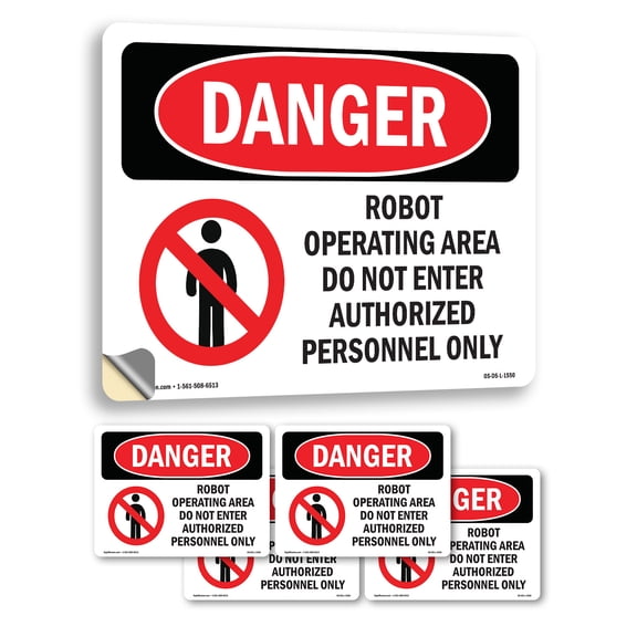 Robot Operating Area Do Not Enter OSHA Danger Vinyl Decal Label 24 Inch x 18 Inch - 5 Pack