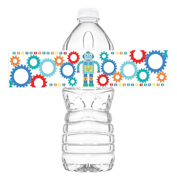 Robot Party Bottle Wraps - Set of 20 Waterproof Bottle Stickers - Robot Water Bottle Labels - Robot Party Decorations - Made in the USA