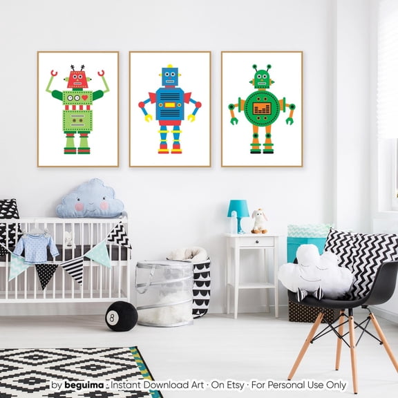 Robot Prints Robot Art Playroom Wall Decor, Stretched Canvas